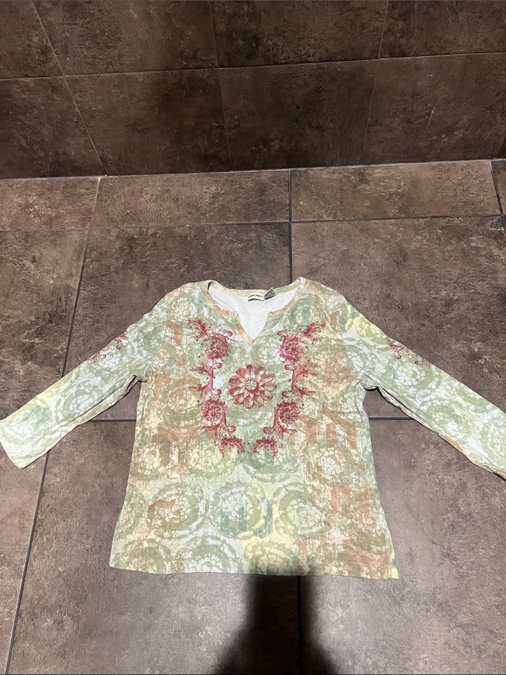 Cherokee Mint Green & Coral Floral V-Neck Top
